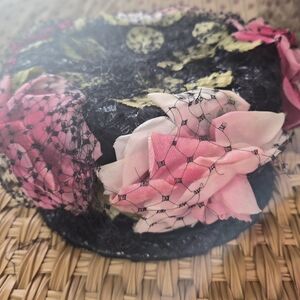 Elegant  Vintage Church Hat Black and Pink Floral Lisa New York Paris